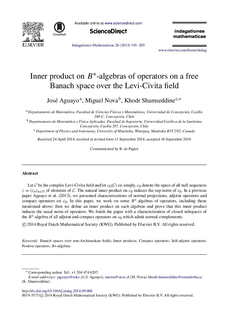 عکس صفحه اول مقاله: Inner product on B∗B∗-algebras of operators on a free Banach space over the Levi-Civita field Inner product on B∗B∗-algebras of operators on a free Banach space over the Levi-Civita field