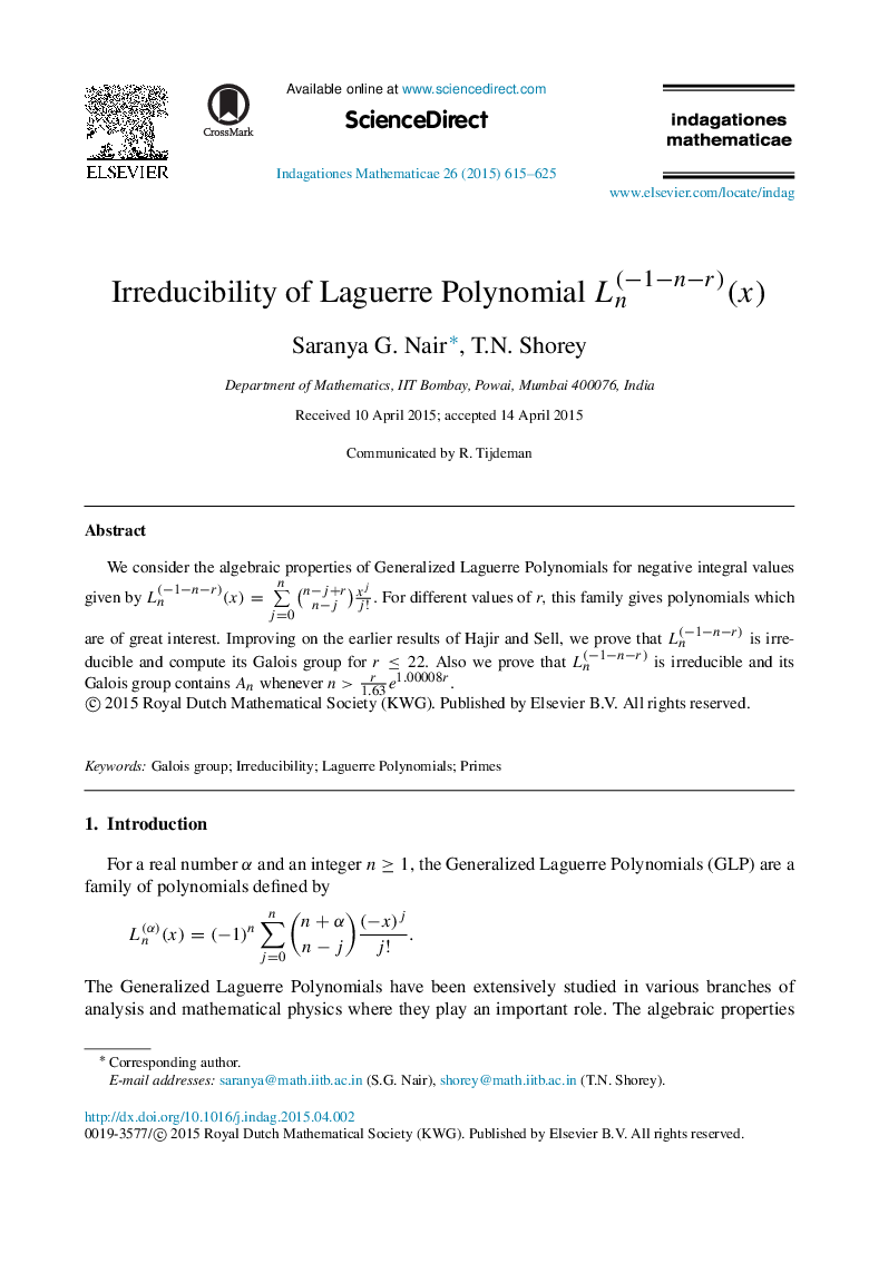 Irreducibility of Laguerre Polynomial Ln(â1ânâr)(x)