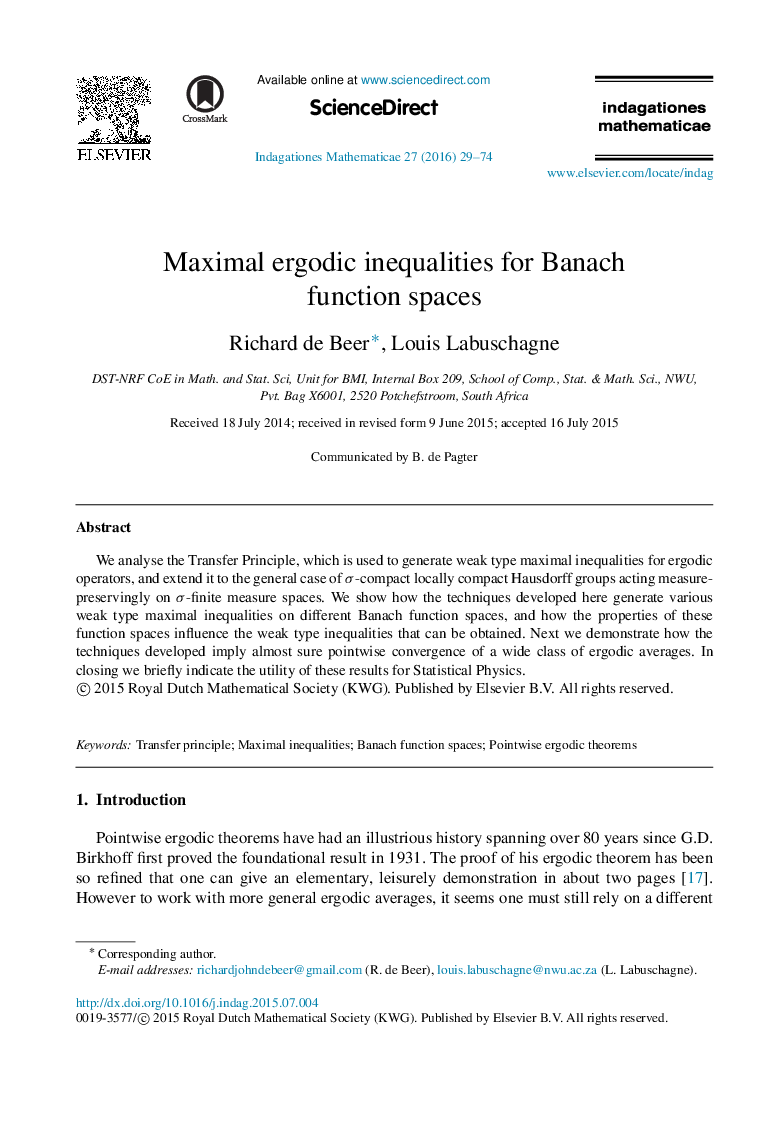عکس صفحه اول مقاله: Maximal ergodic inequalities for Banach function spaces Maximal ergodic inequalities for Banach function spaces