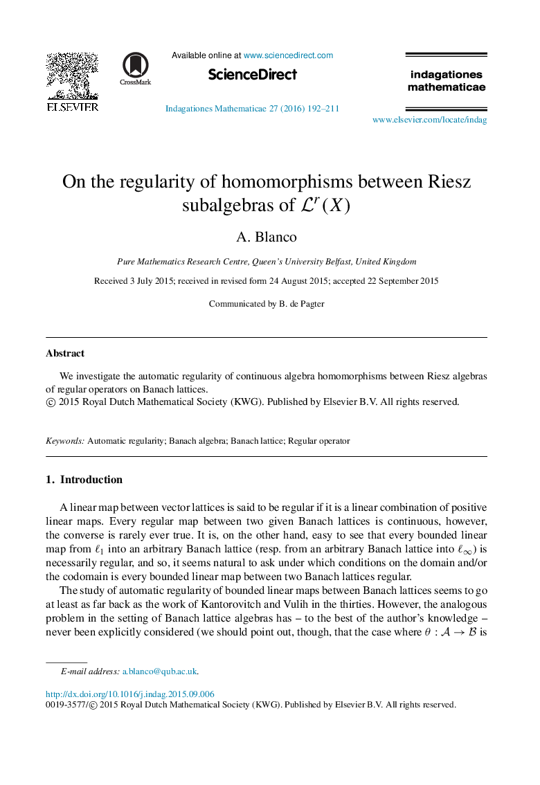 On the regularity of homomorphisms between Riesz subalgebras of Lr(X)Lr(X)