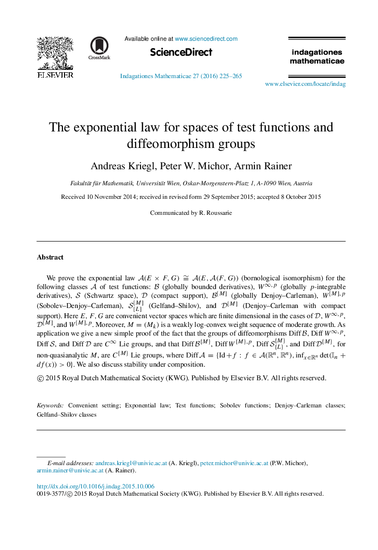 The exponential law for spaces of test functions and diffeomorphism groups