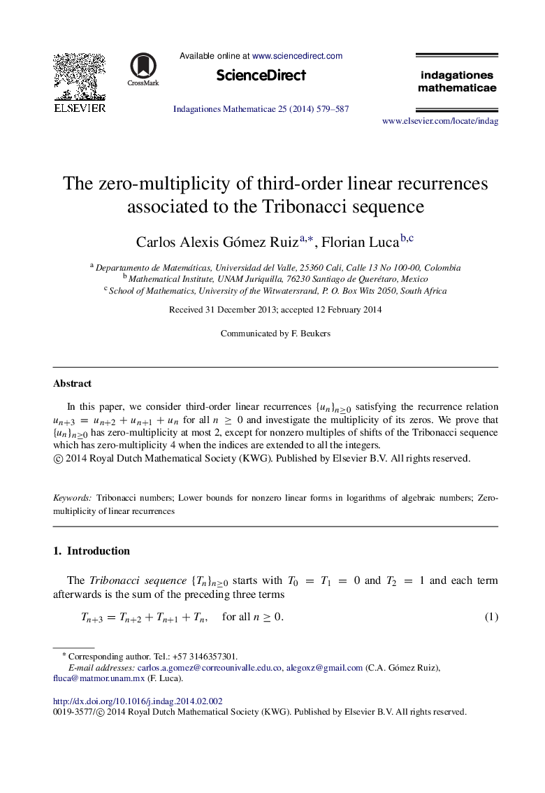 The zero-multiplicity of third-order linear recurrences associated to the Tribonacci sequence