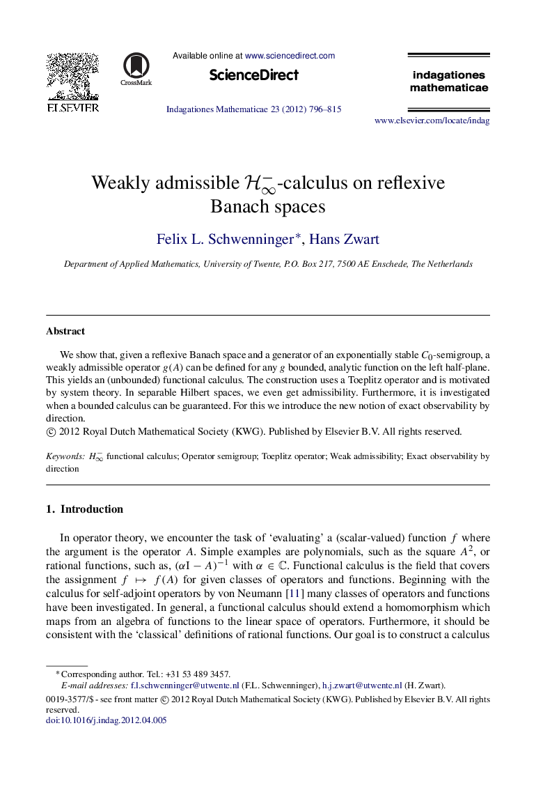 Weakly admissible Hââ-calculus on reflexive Banach spaces