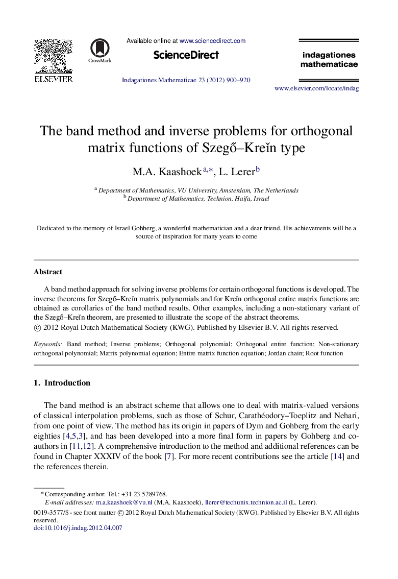 The band method and inverse problems for orthogonal matrix functions of Szegő–Kreǐn type