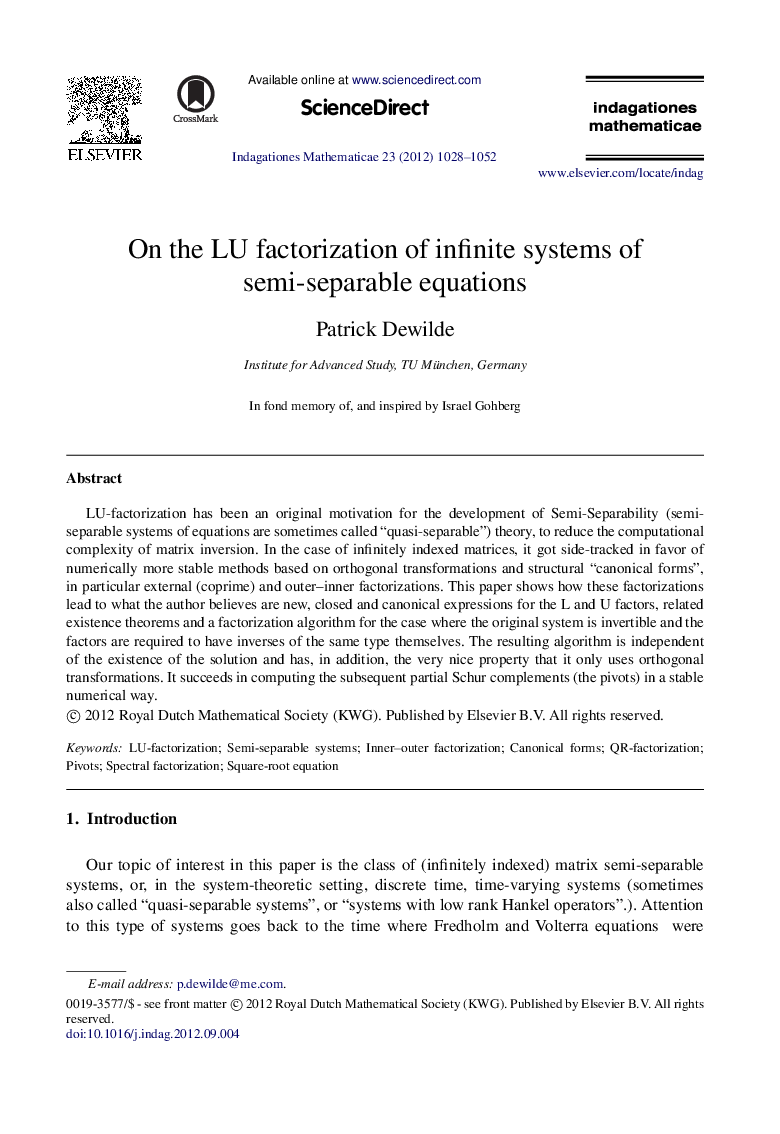 On the LU factorization of infinite systems of semi-separable equations
