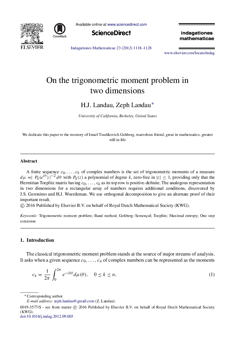 On the trigonometric moment problem in two dimensions