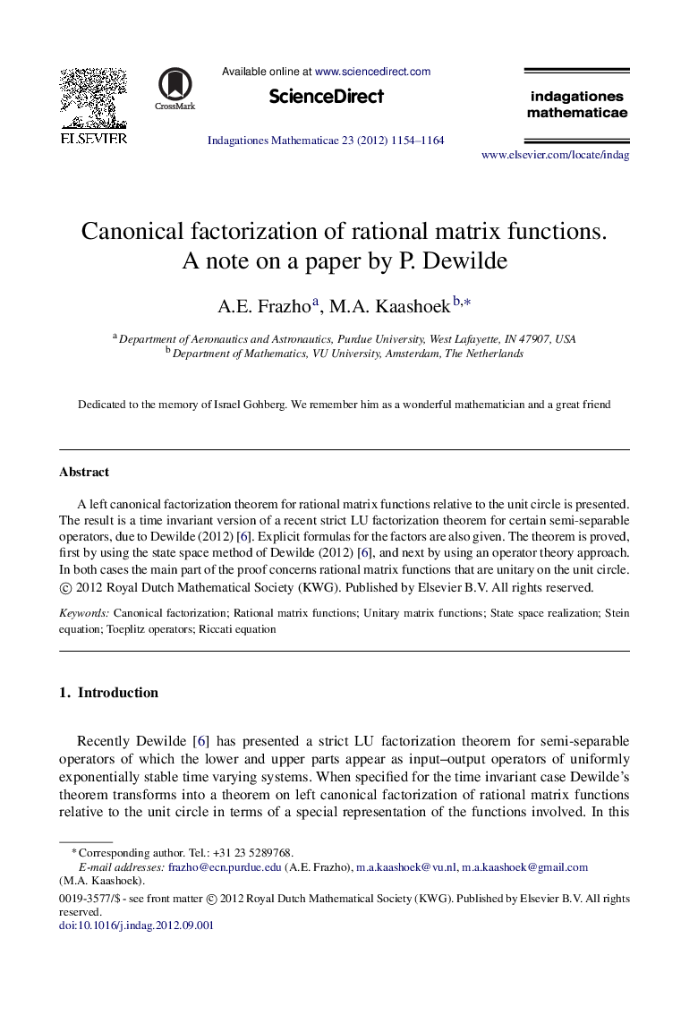 Canonical factorization of rational matrix functions. A note on a paper by P. Dewilde
