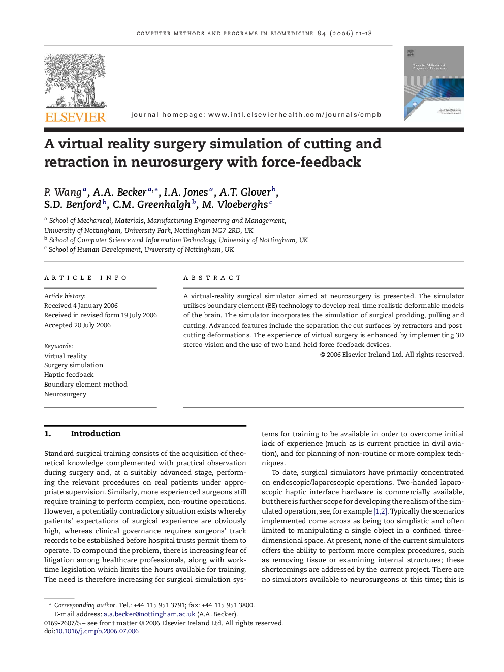 A virtual reality surgery simulation of cutting and retraction in neurosurgery with force-feedback