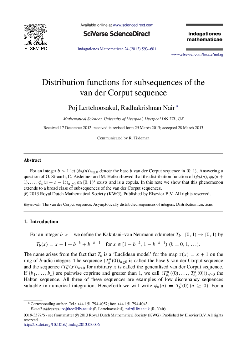 Distribution functions for subsequences of the van der Corput sequence