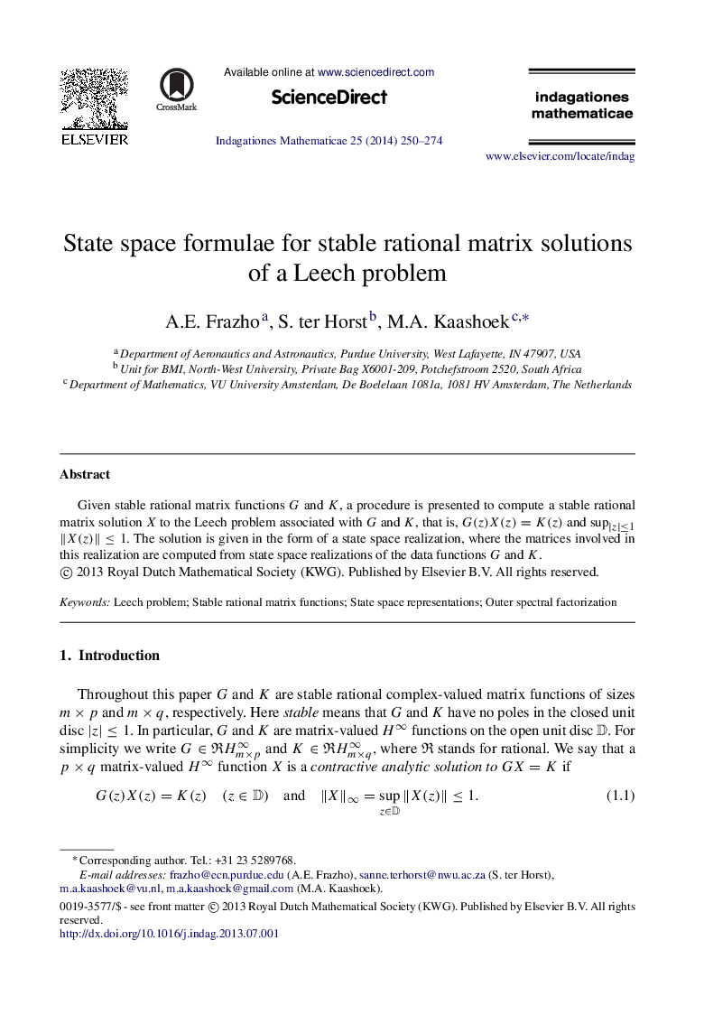 State space formulae for stable rational matrix solutions of a Leech problem