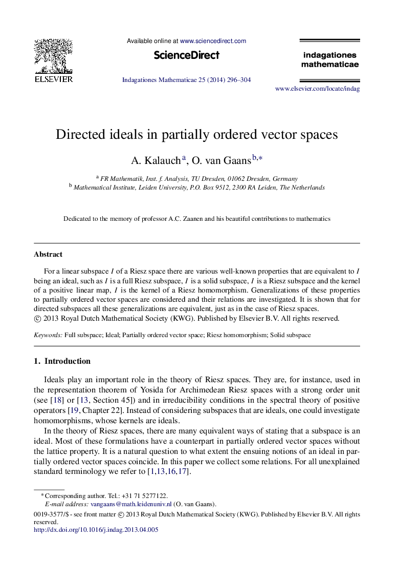 Directed ideals in partially ordered vector spaces