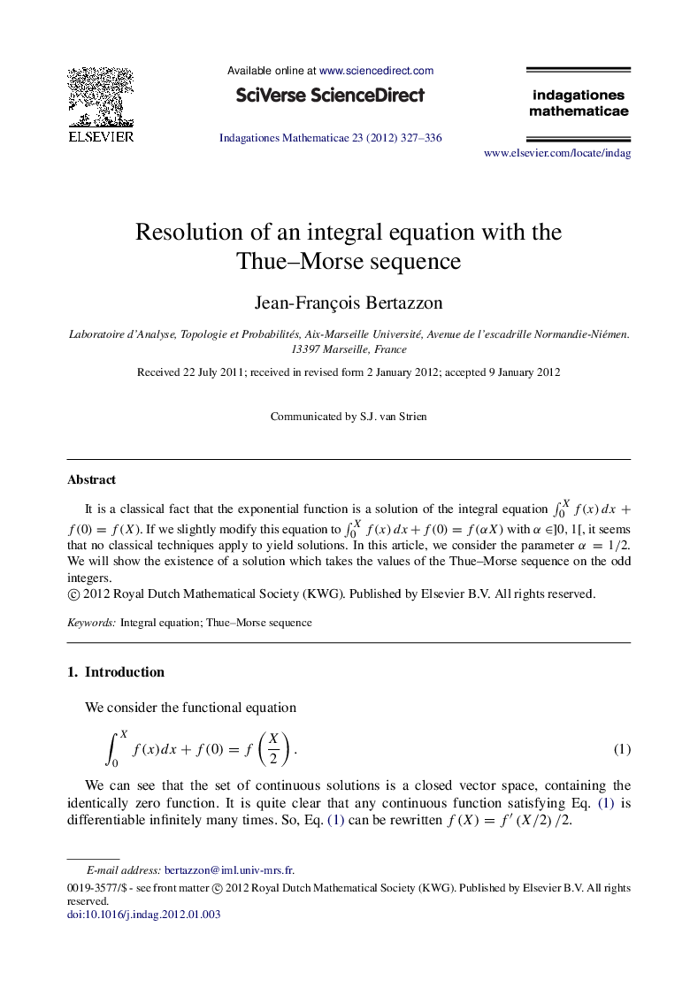 Resolution of an integral equation with the Thue–Morse sequence