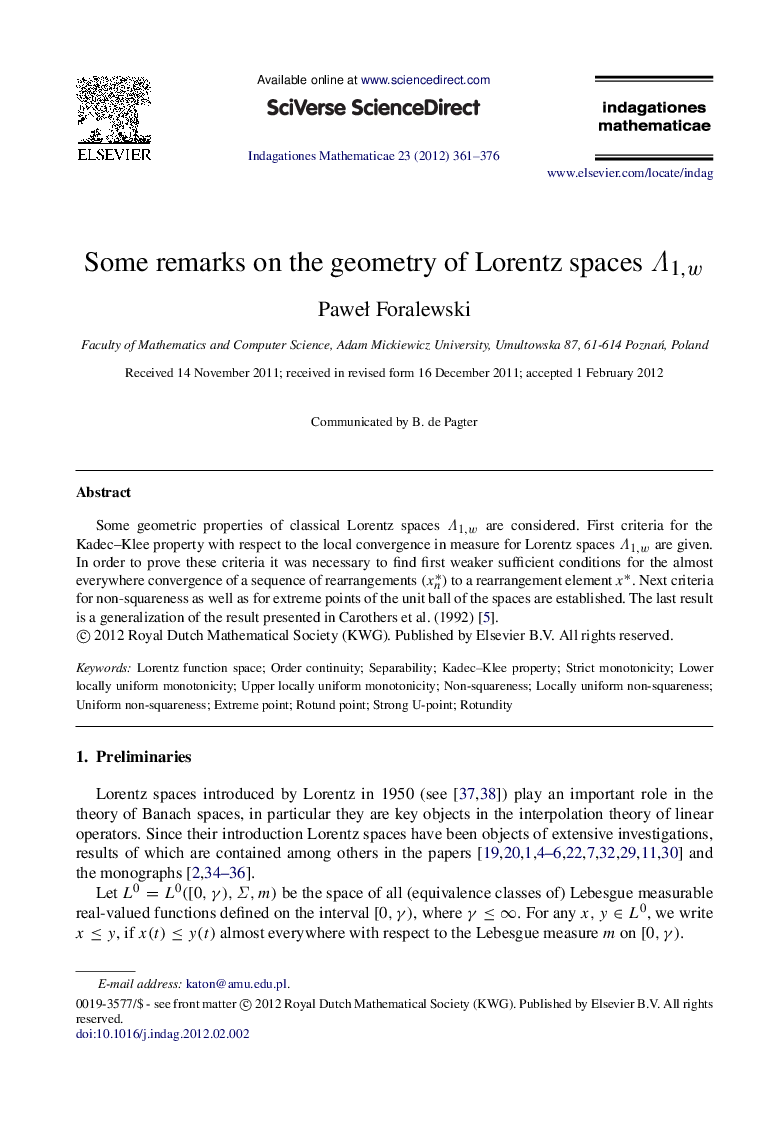 Some remarks on the geometry of Lorentz spaces Λ1,wΛ1,w