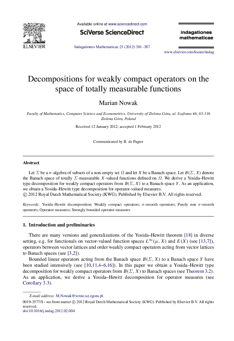 Decompositions for weakly compact operators on the space of totally measurable functions