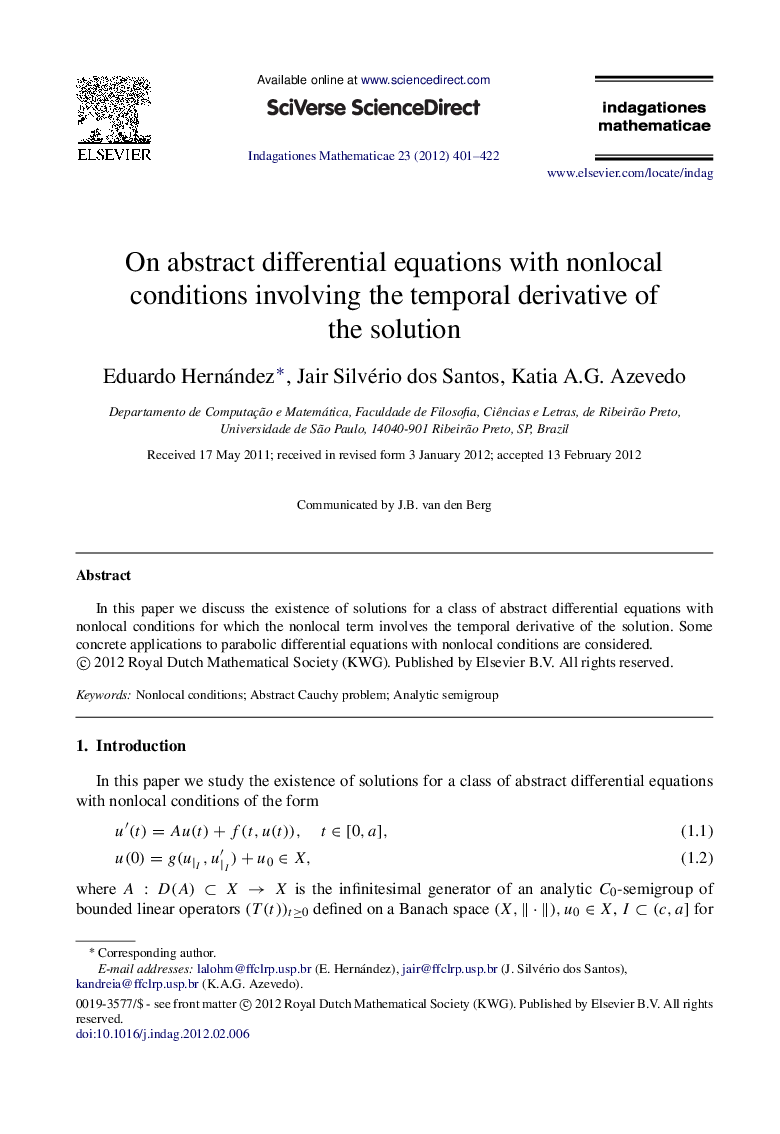 On abstract differential equations with nonlocal conditions involving the temporal derivative of the solution