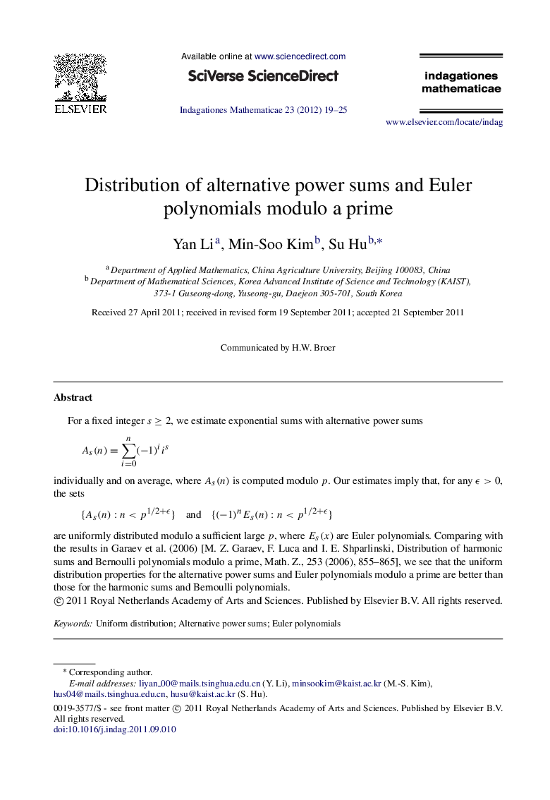 Distribution of alternative power sums and Euler polynomials modulo a prime