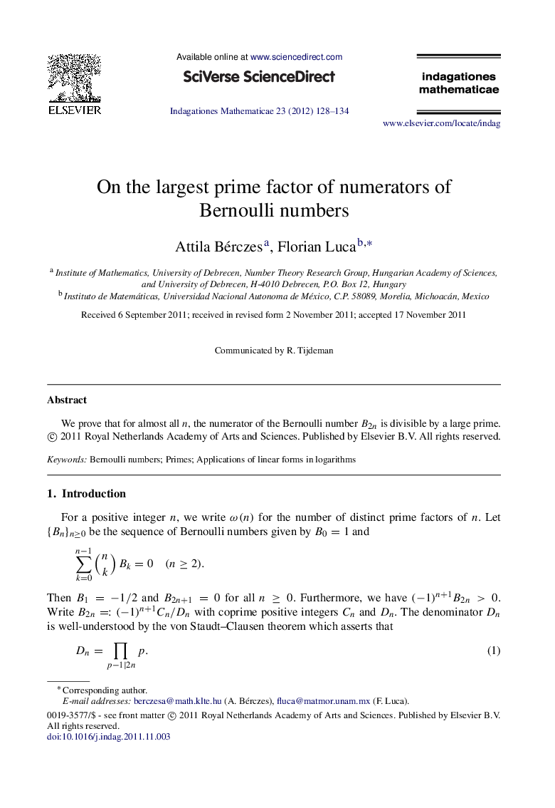 On the largest prime factor of numerators of Bernoulli numbers