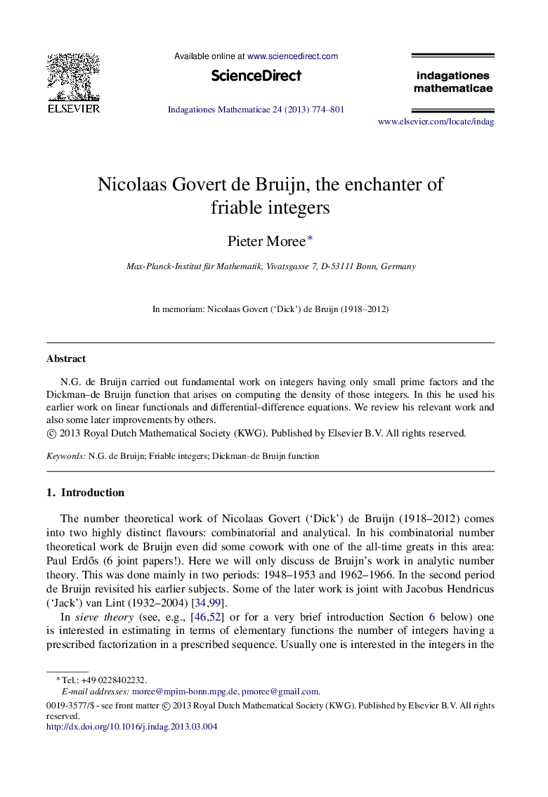 Nicolaas Govert de Bruijn, the enchanter of friable integers