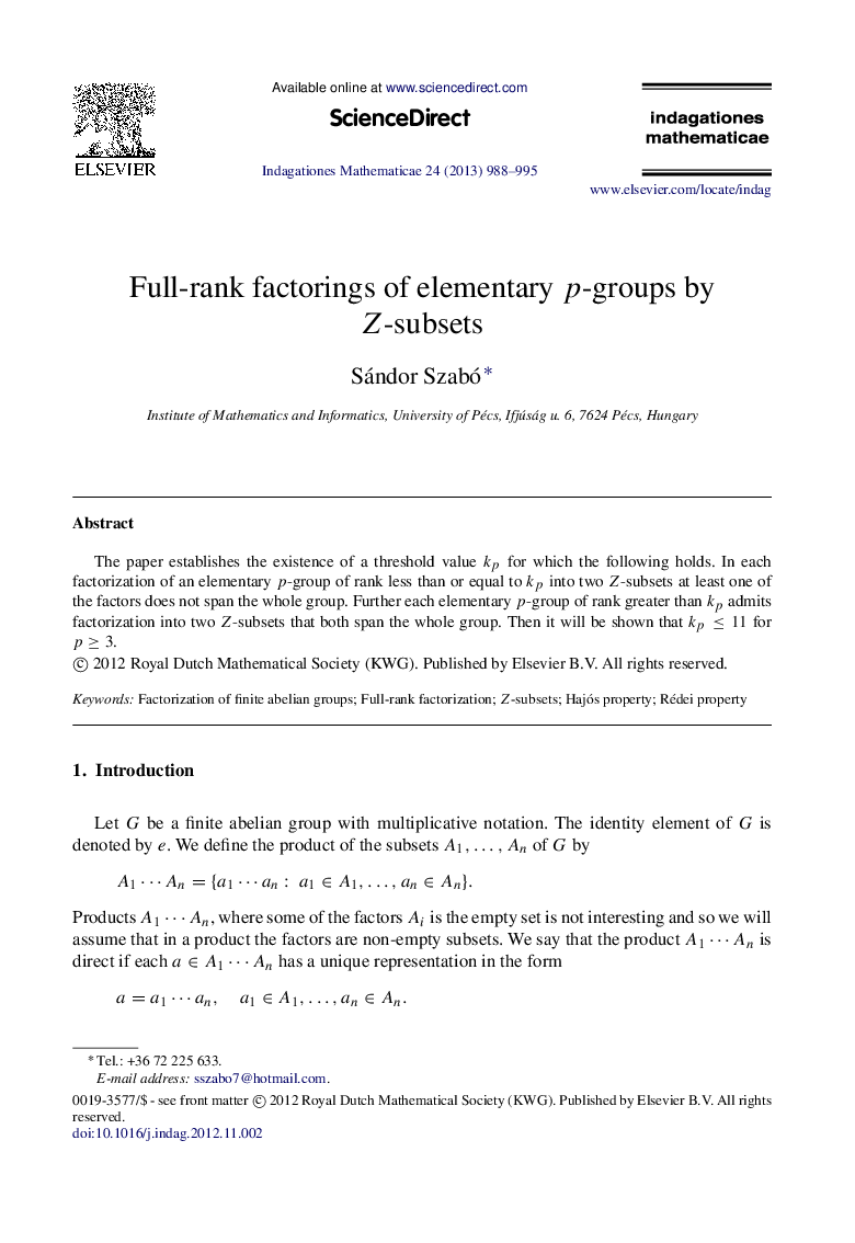 Full-rank factorings of elementary pp-groups by ZZ-subsets