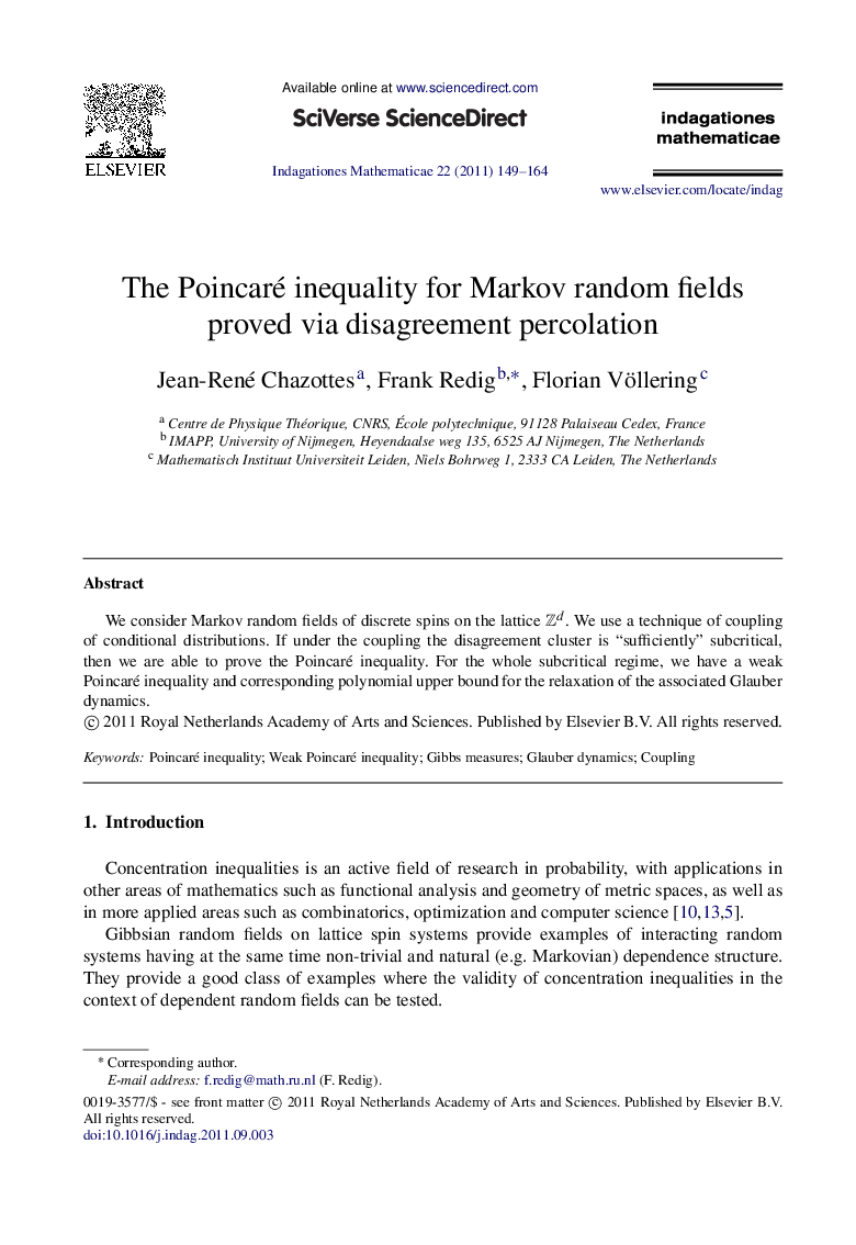 The Poincaré inequality for Markov random fields proved via disagreement percolation