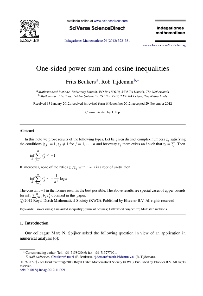 One-sided power sum and cosine inequalities