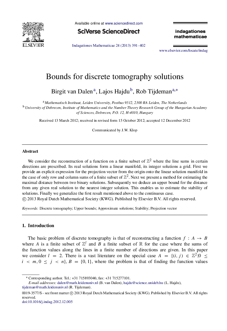 Bounds for discrete tomography solutions