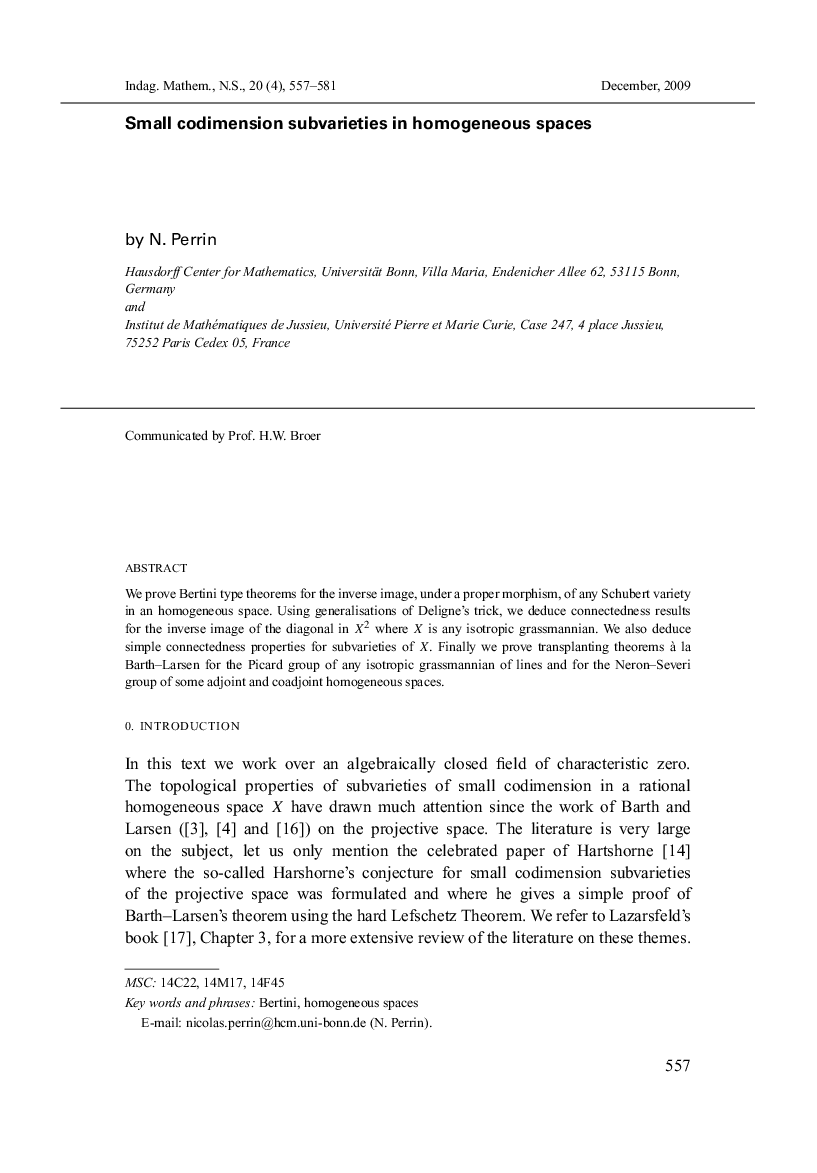 Small codimension subvarieties in homogeneous spaces