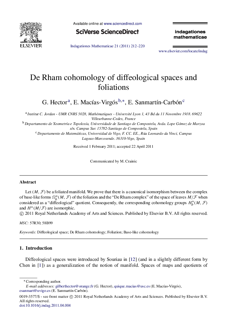 De Rham cohomology of diffeological spaces and foliations