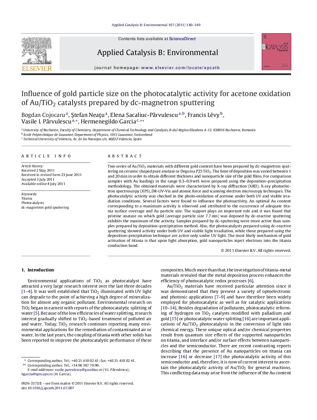 Influence of gold particle size on the photocatalytic activity for acetone oxidation of Au/TiO2 catalysts prepared by dc-magnetron sputtering