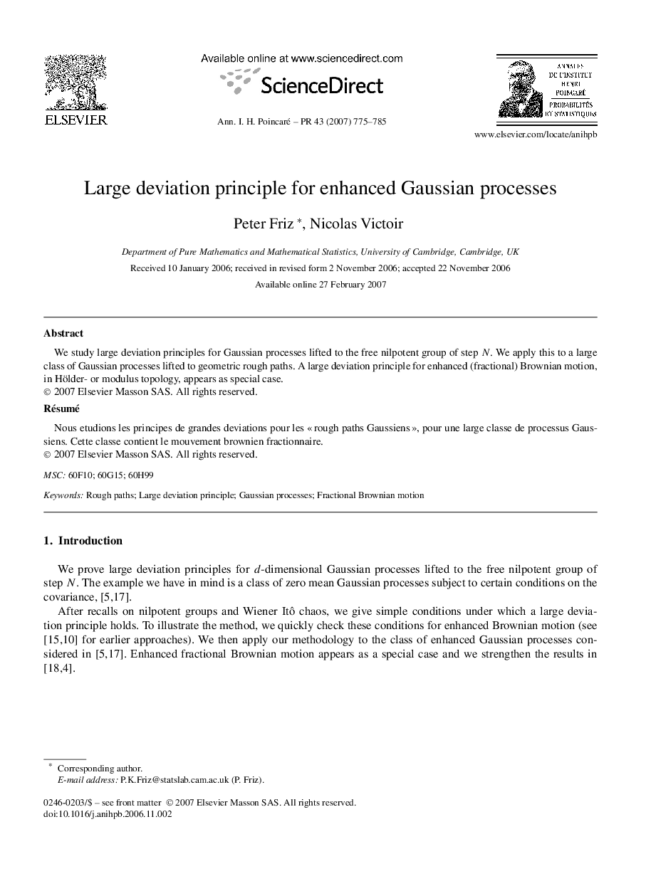 Large deviation principle for enhanced Gaussian processes