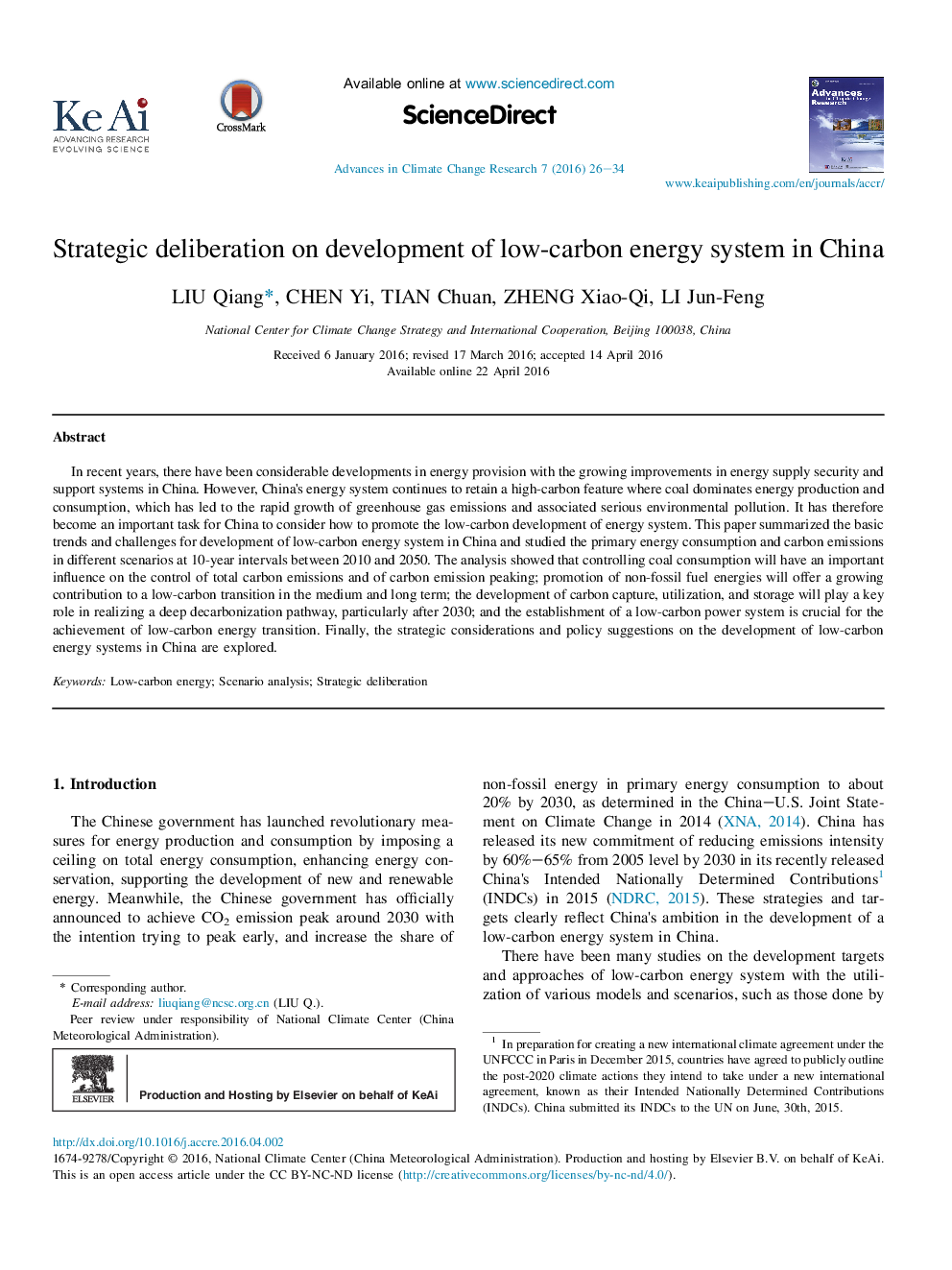 Strategic deliberation on development of low-carbon energy system in China 