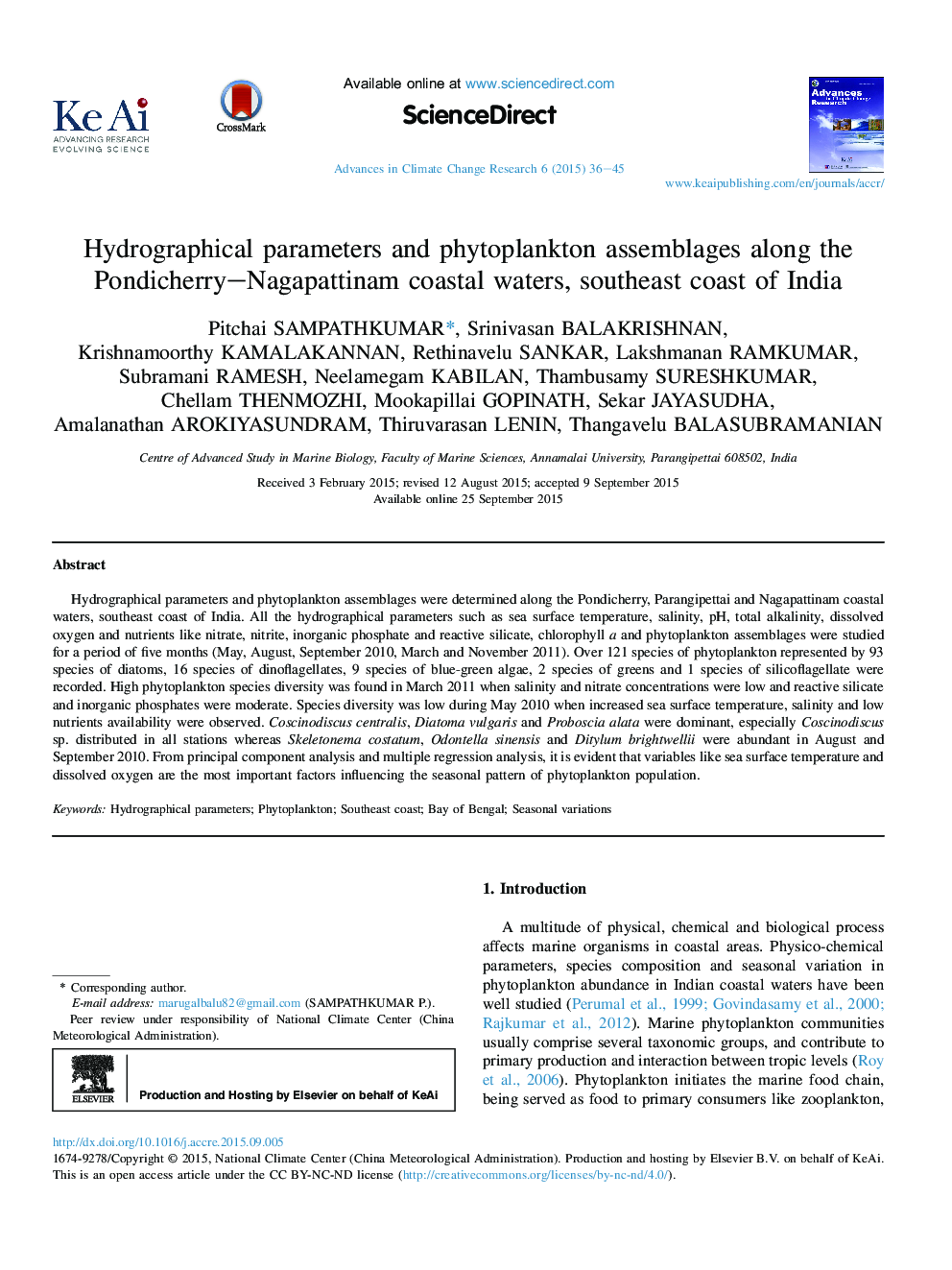 Hydrographical parameters and phytoplankton assemblages along the Pondicherry–Nagapattinam coastal waters, southeast coast of India 