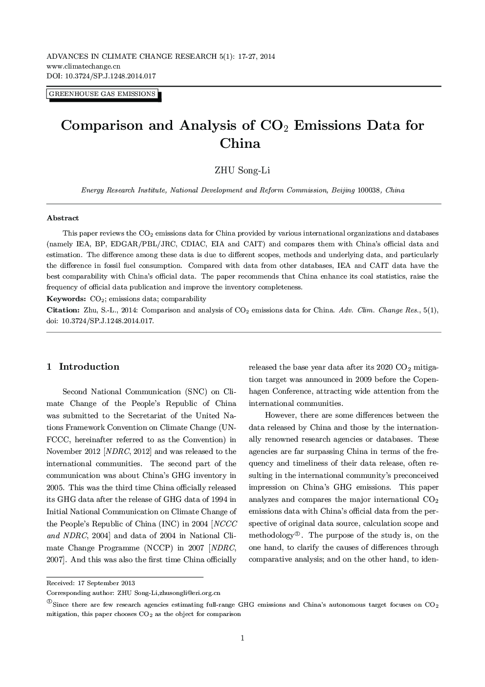 Comparison and Analysis of CO2 Emissions Data for China