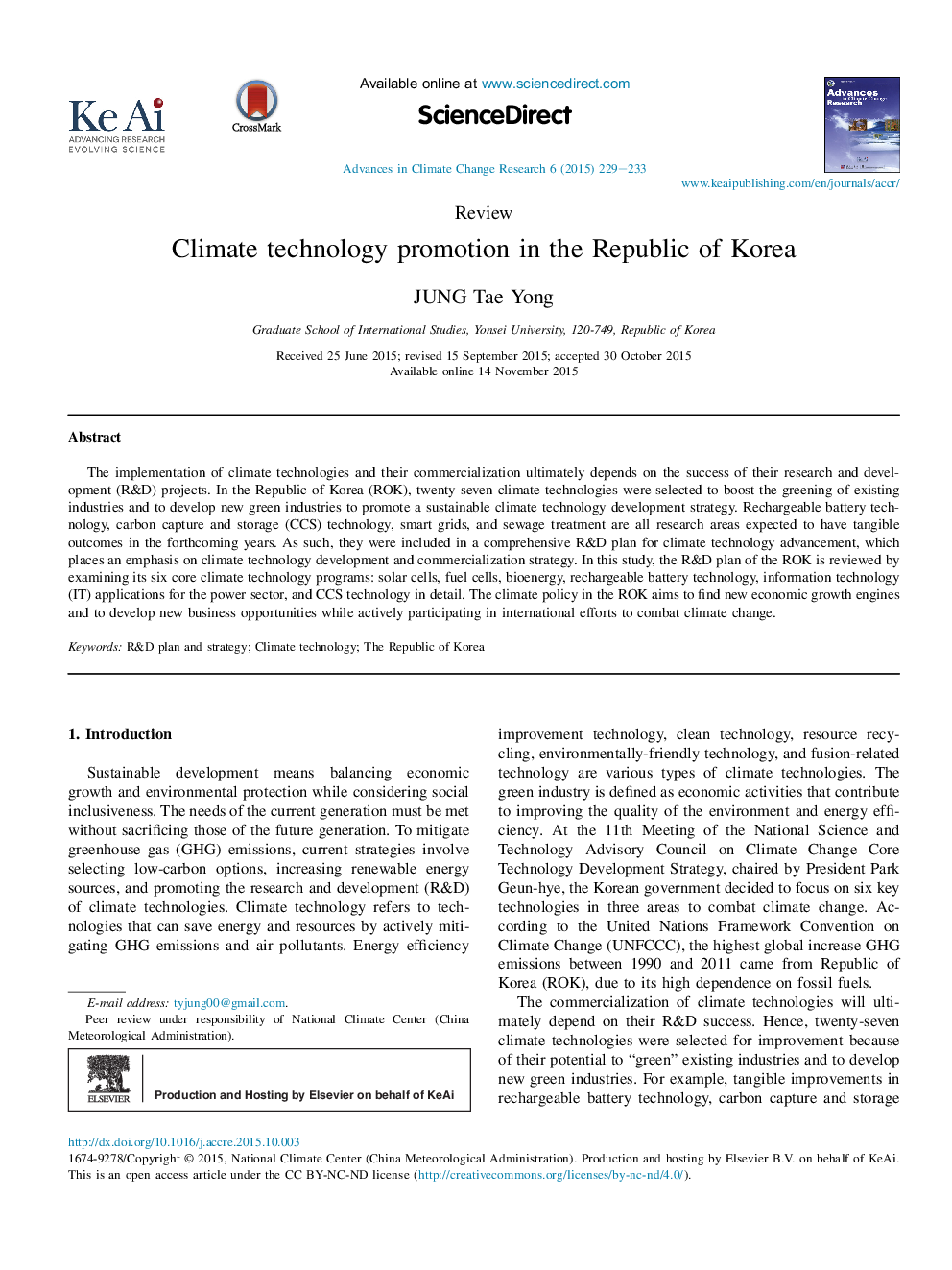 Climate technology promotion in the Republic of Korea 