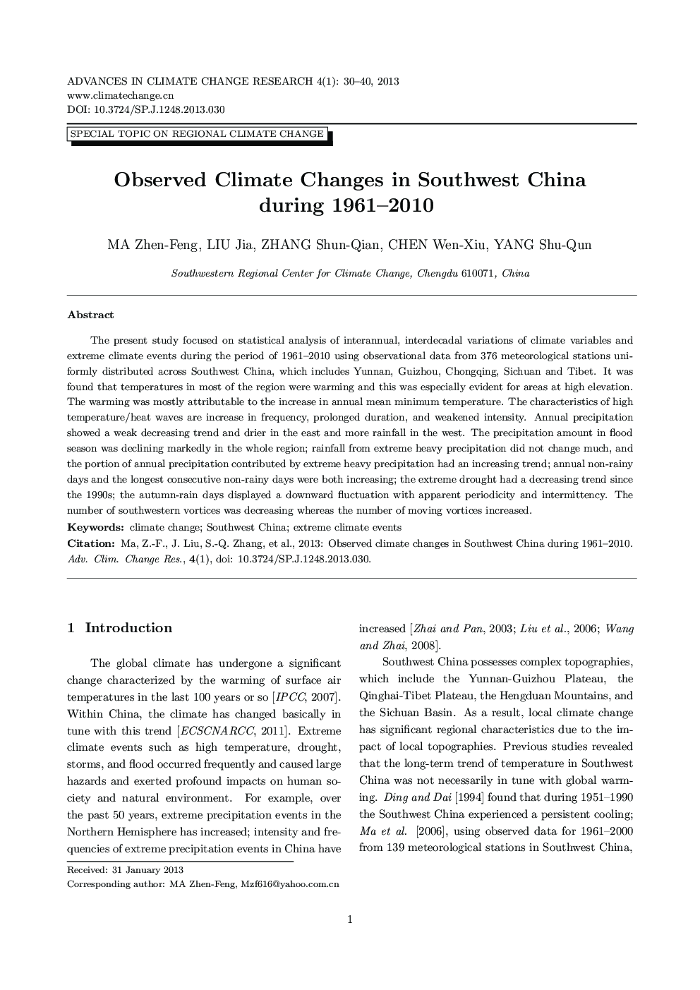 تغییرات اقلیمی مشاهده شده در جنوب غربی چین طی سال های 1961 و 2010 
