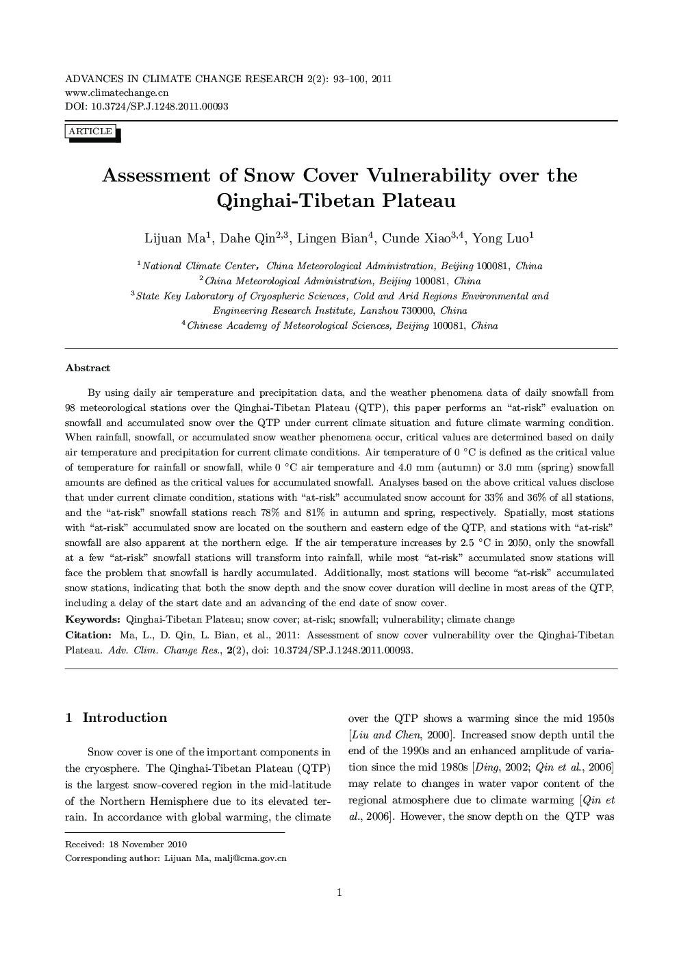 Assessment of Snow Cover Vulnerability over the Qinghai-Tibetan Plateau