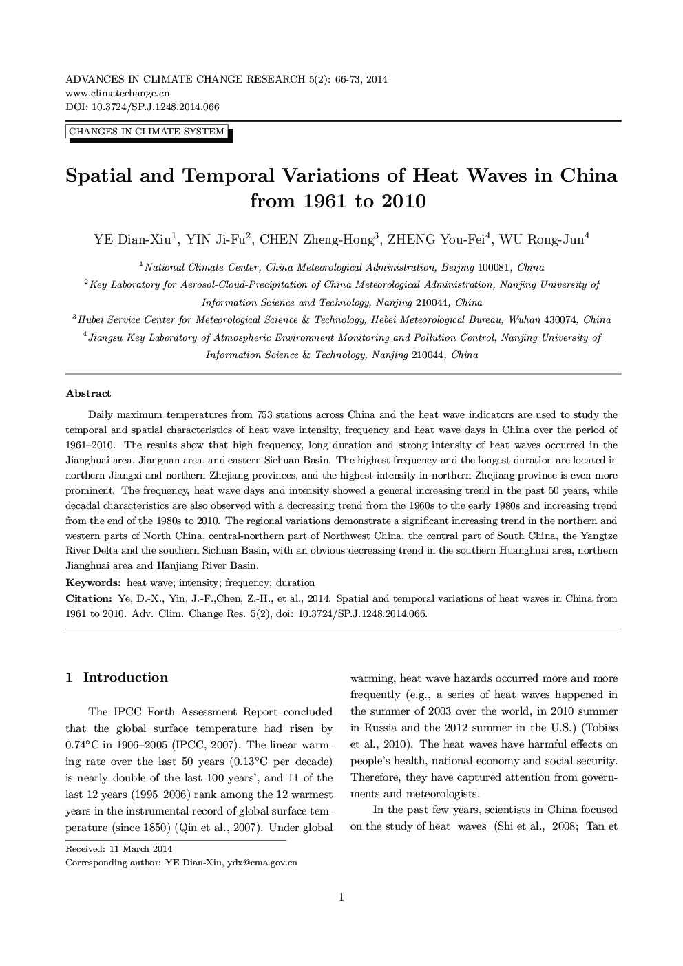 Spatial and Temporal Variations of Heat Waves in China from 1961 to 2010