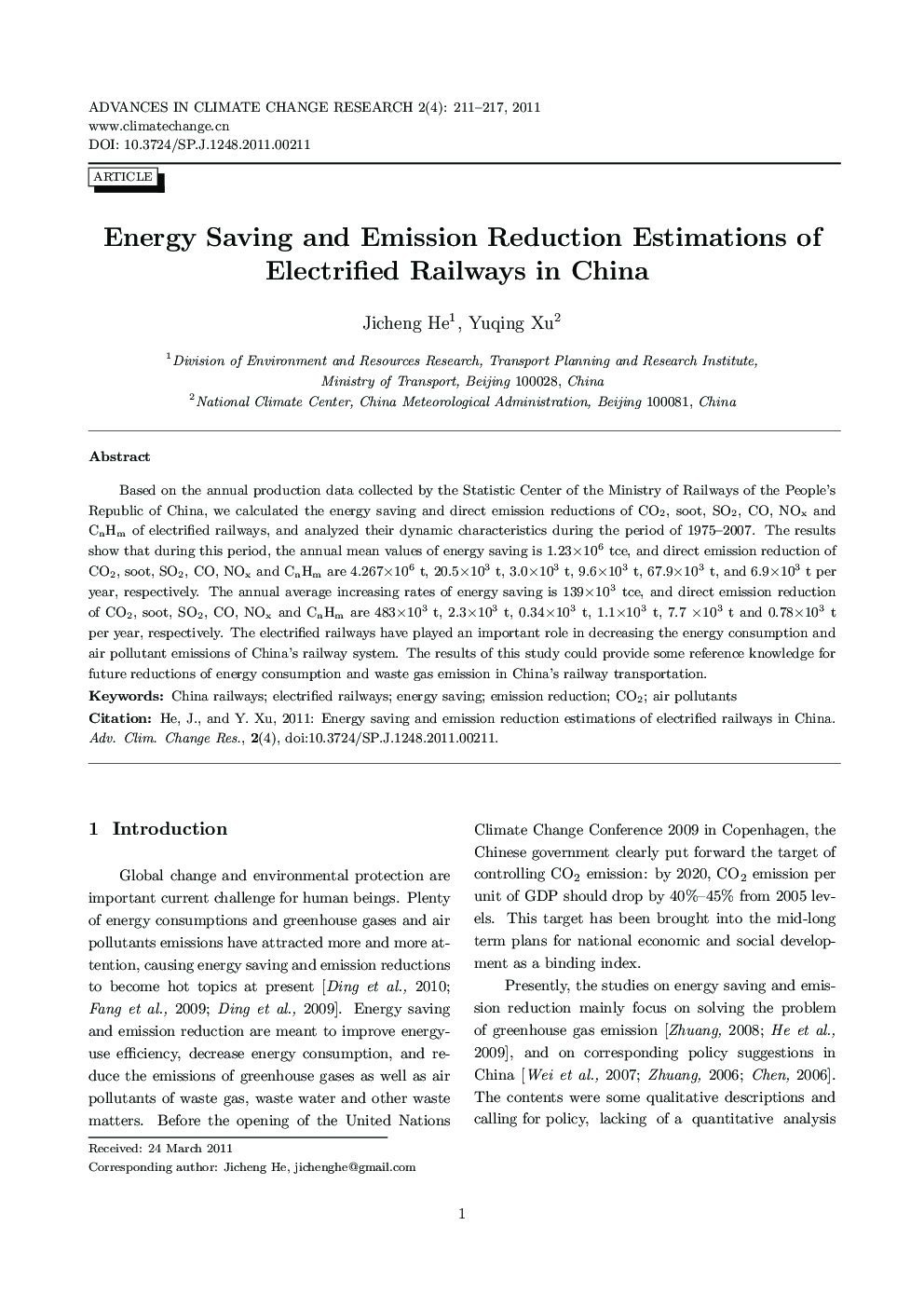 Energy Saving and Emission Reduction Estimations of Electrified Railways in China