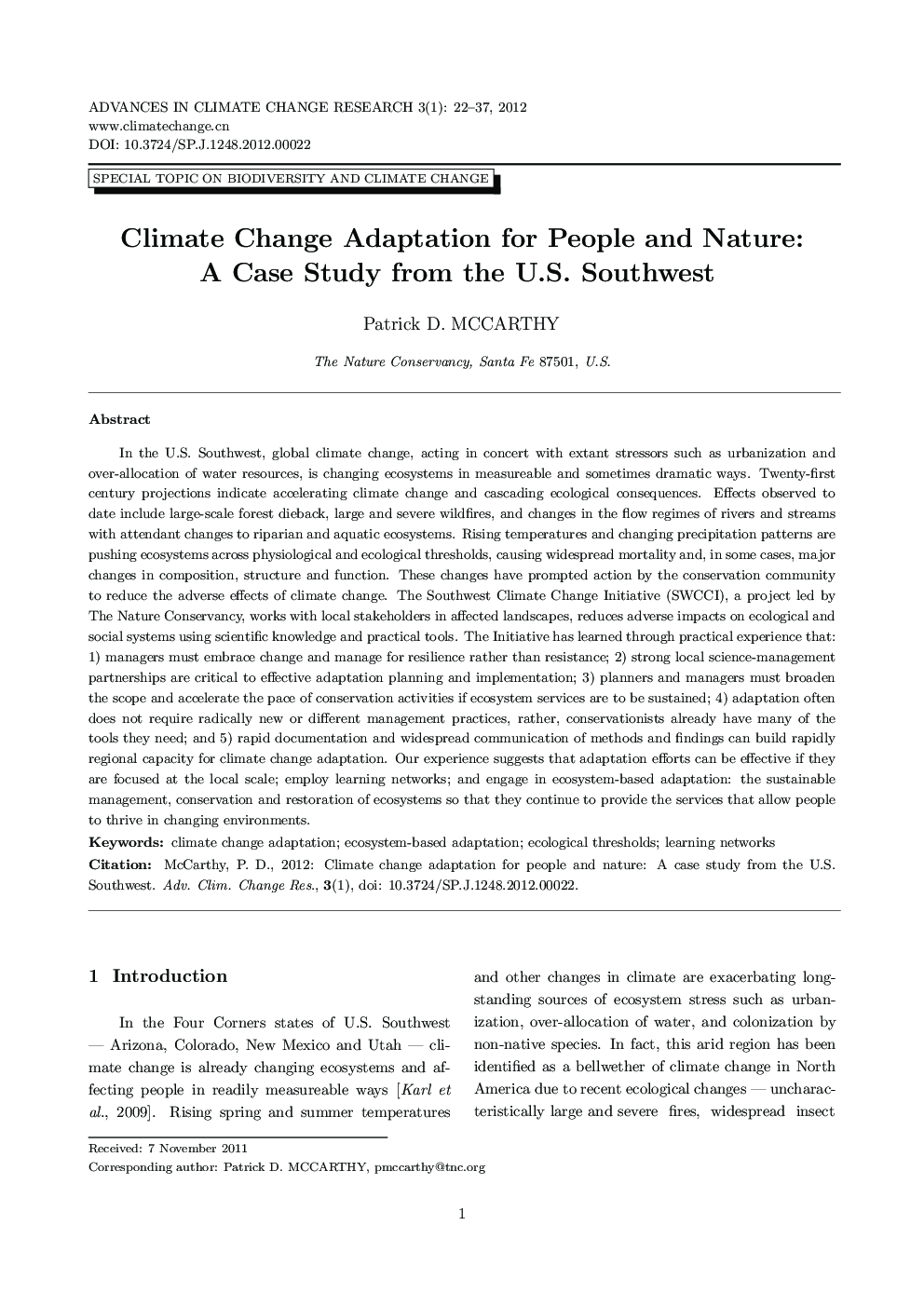 Climate Change Adaptation for People and Nature: A Case Study from the U.S. Southwest