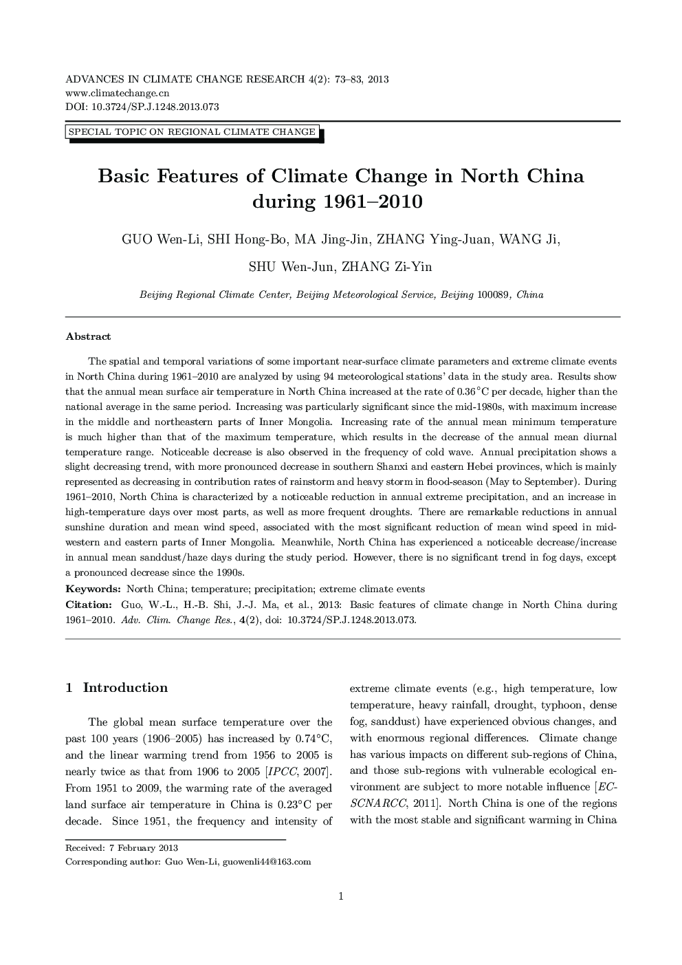 Basic Features of Climate Change in North China during 1961–2010