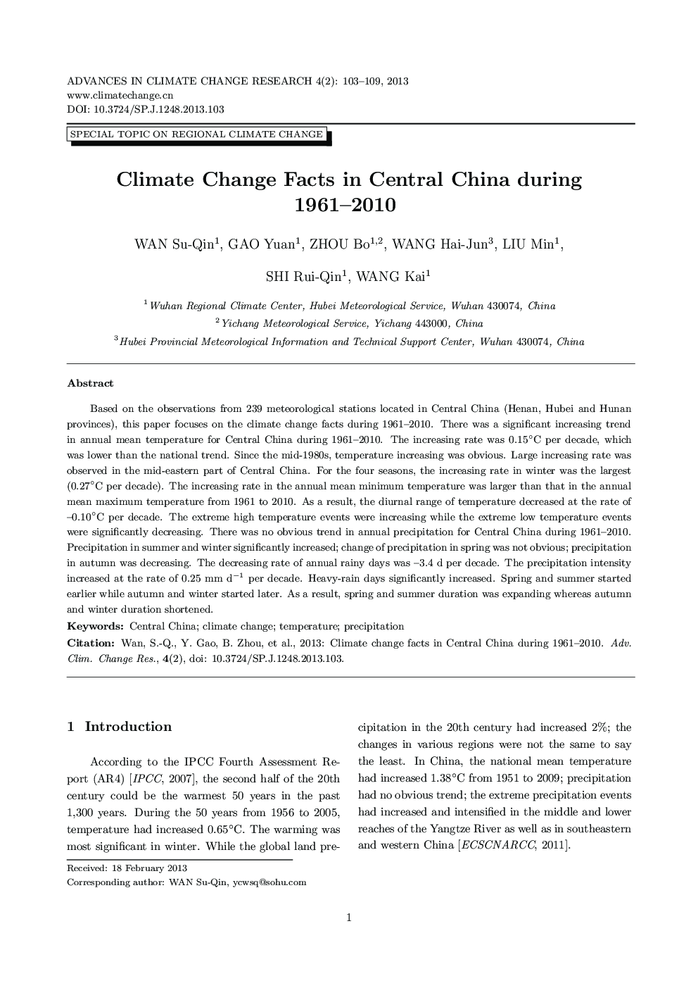 Climate Change Facts in Central China during 1961–2010