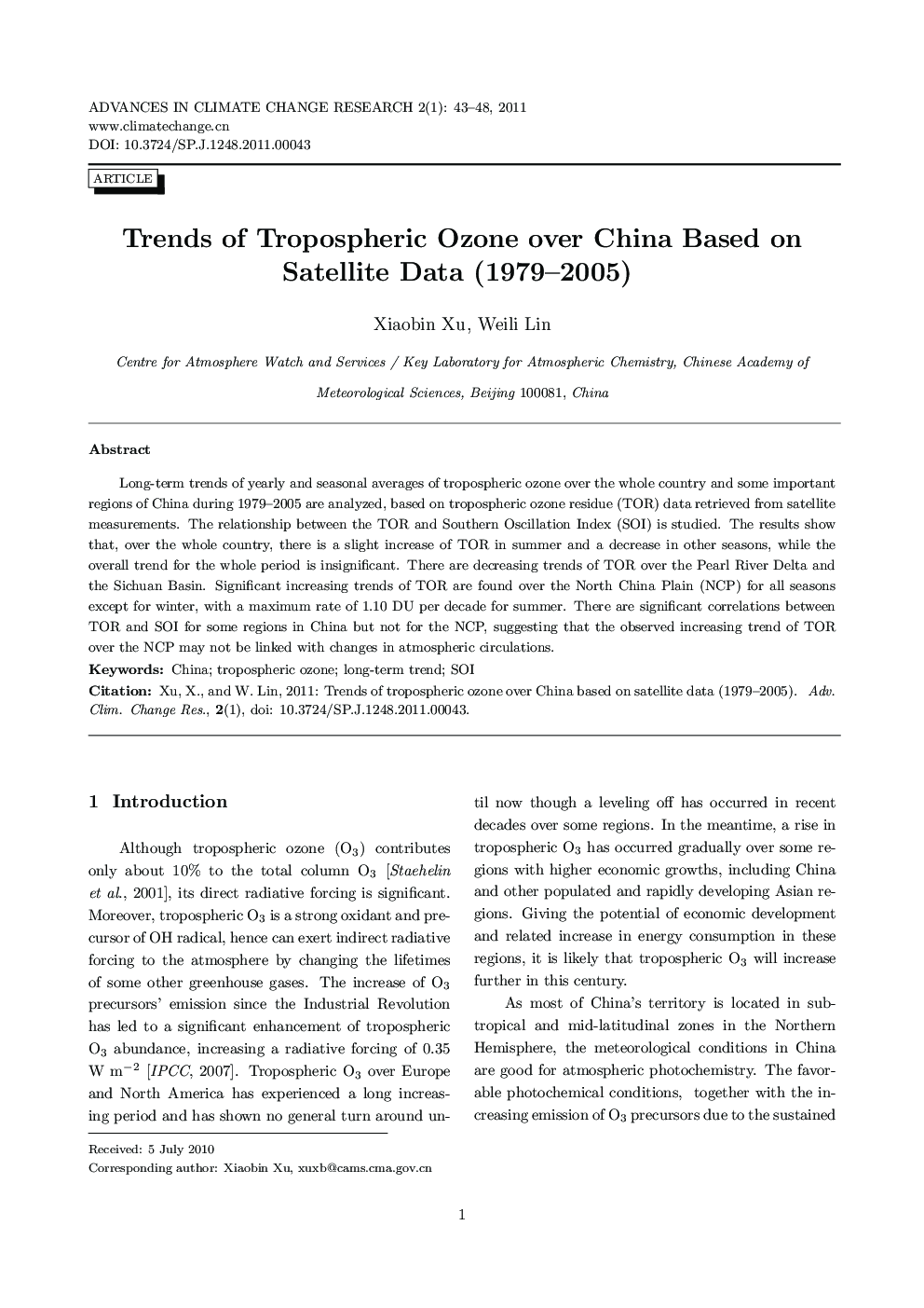 Trends of Tropospheric Ozone over China Based on Satellite Data (1979–2005)