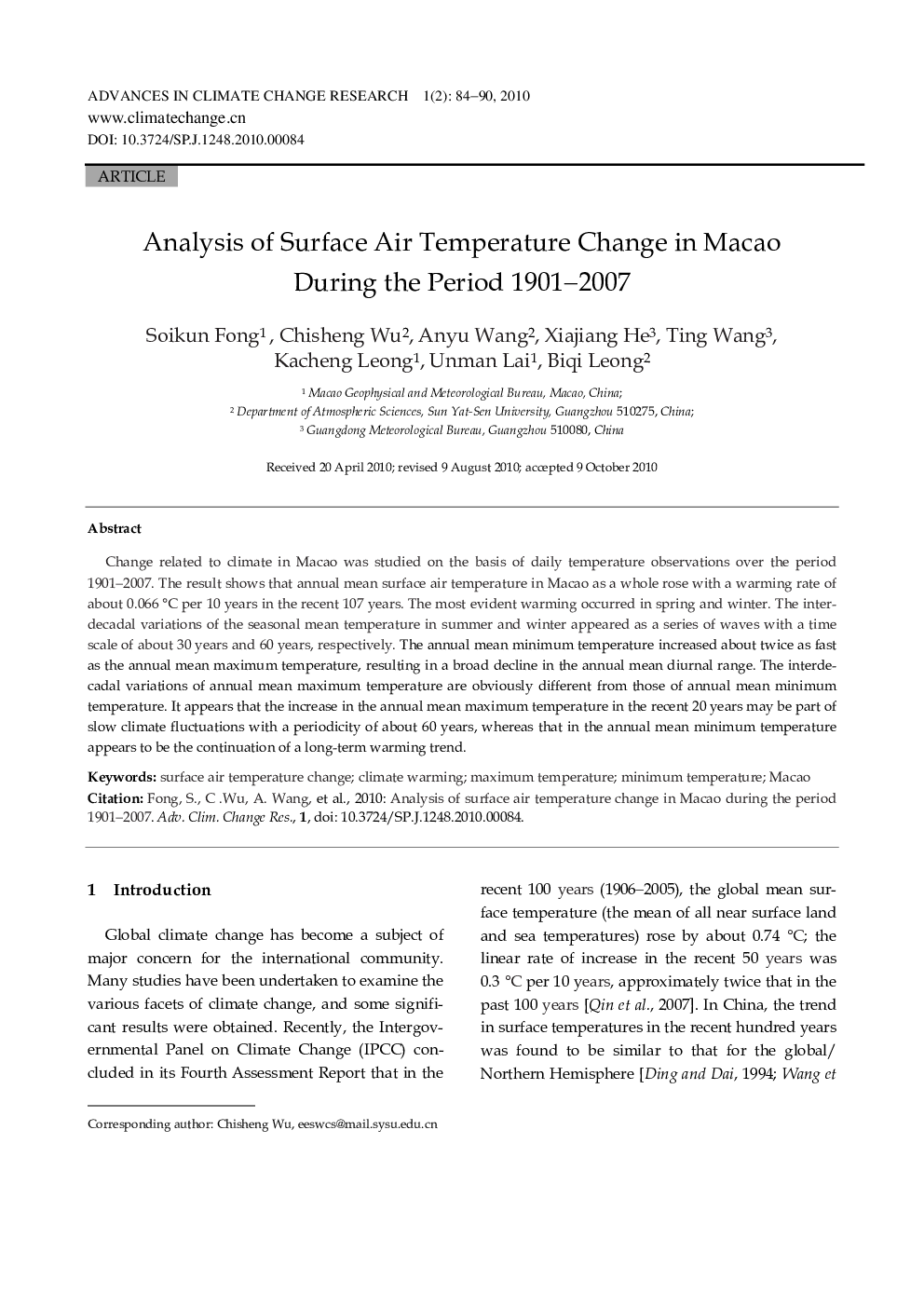 Analysis of Surface Air Temperature Change in Macao During the Period 1901–2007