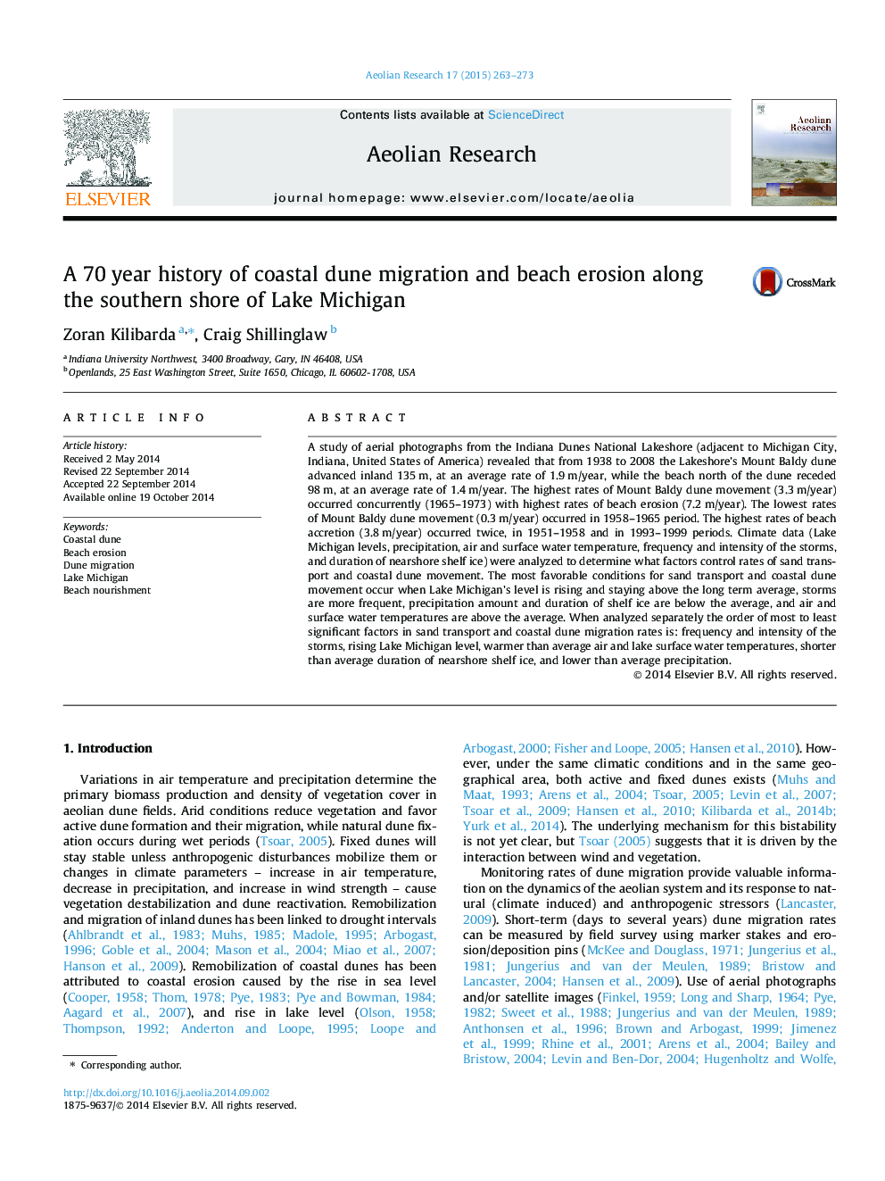 A 70 year history of coastal dune migration and beach erosion along the southern shore of Lake Michigan