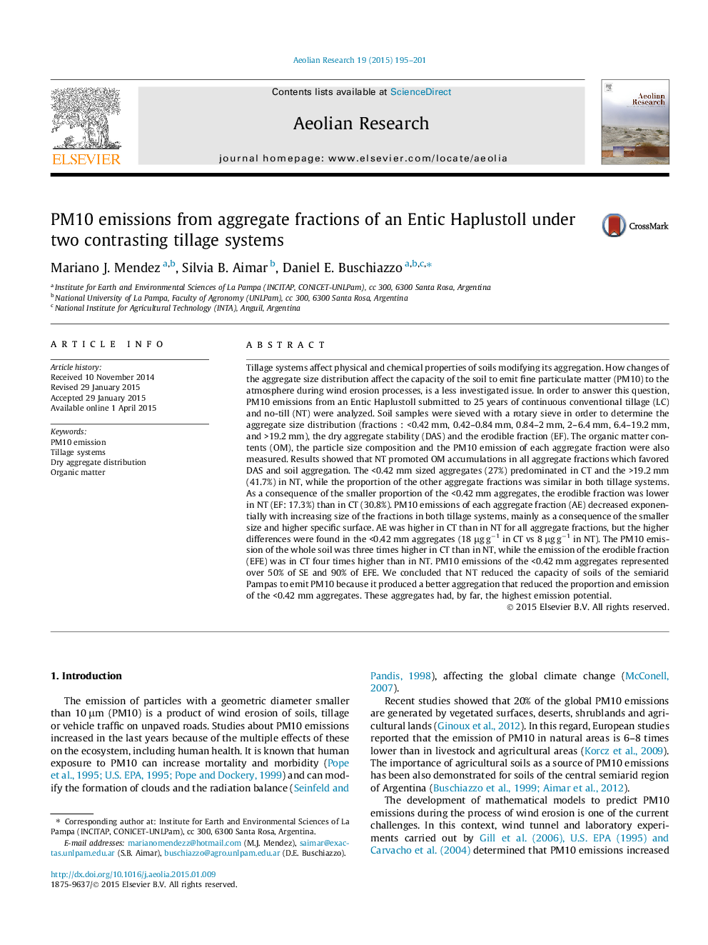 PM10 emissions from aggregate fractions of an Entic Haplustoll under two contrasting tillage systems