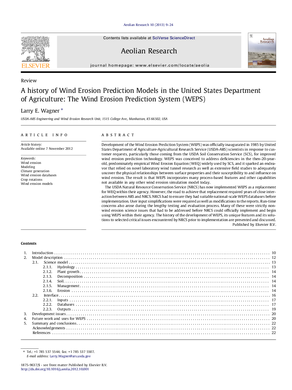 A history of Wind Erosion Prediction Models in the United States Department of Agriculture: The Wind Erosion Prediction System (WEPS)