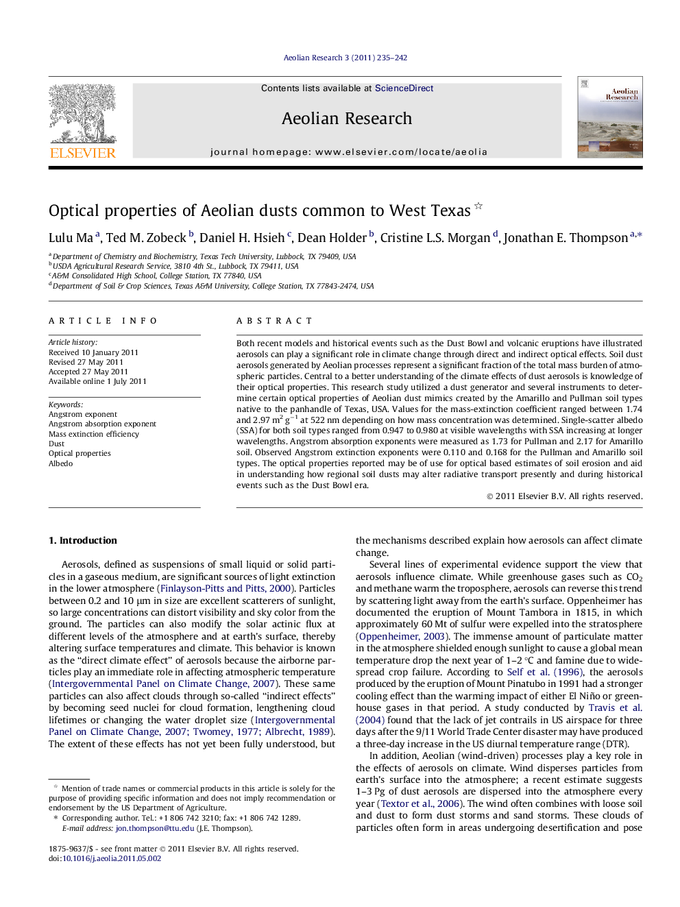 Optical properties of Aeolian dusts common to West Texas 