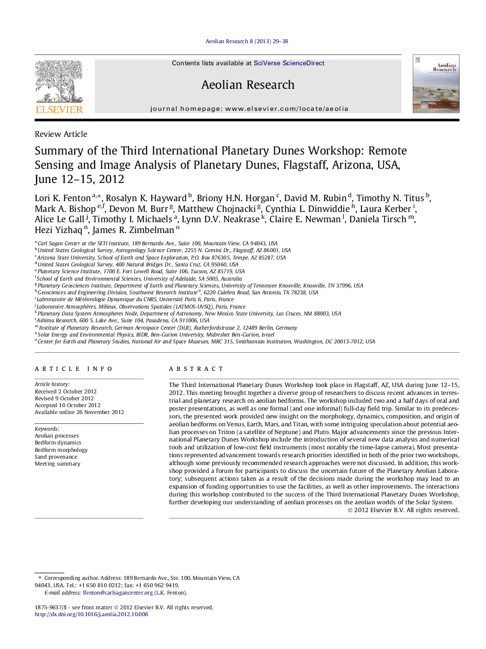 Summary of the Third International Planetary Dunes Workshop: Remote Sensing and Image Analysis of Planetary Dunes, Flagstaff, Arizona, USA, June 12-15, 2012