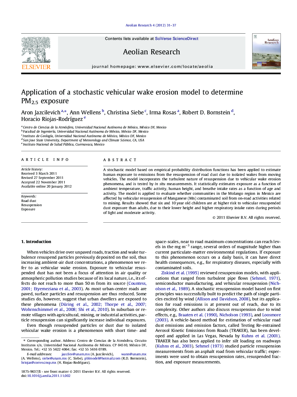 Application of a stochastic vehicular wake erosion model to determine PM2.5 exposure