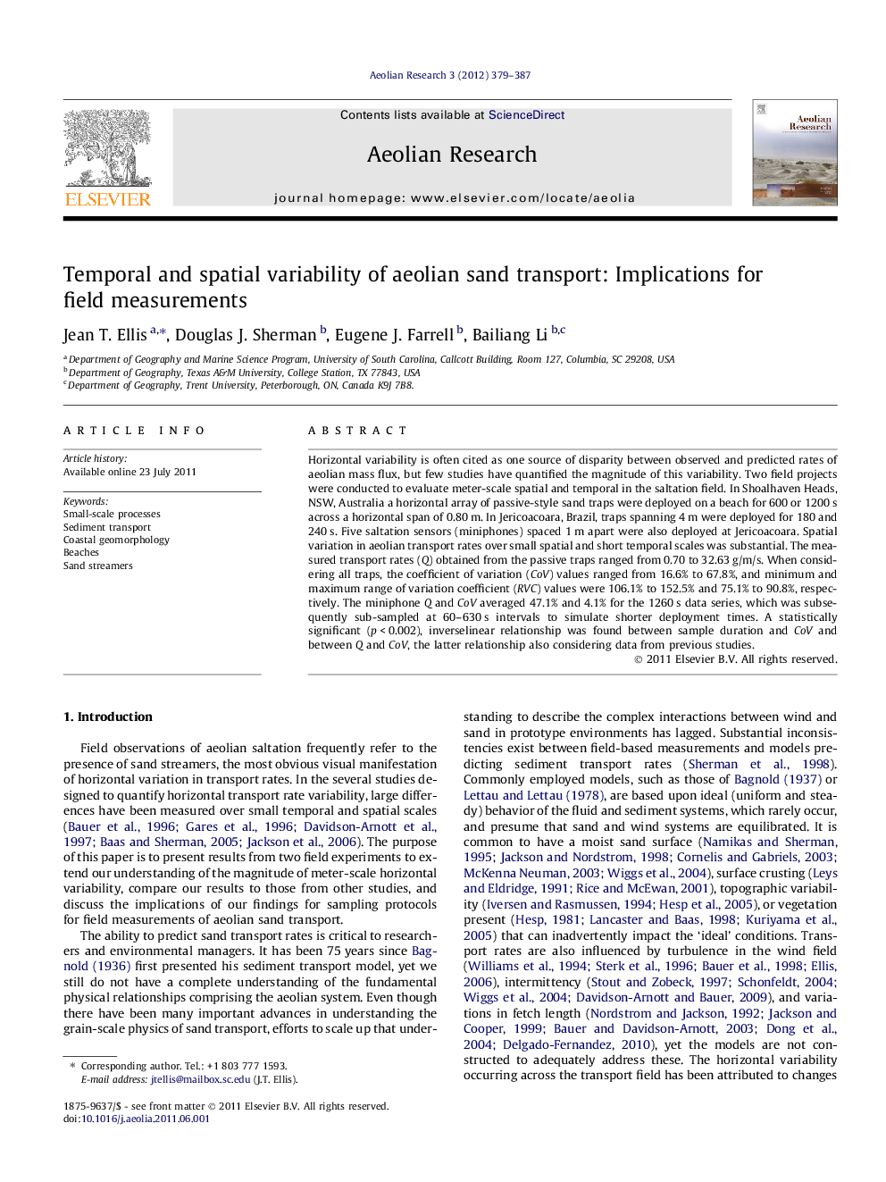 Temporal and spatial variability of aeolian sand transport: Implications for field measurements